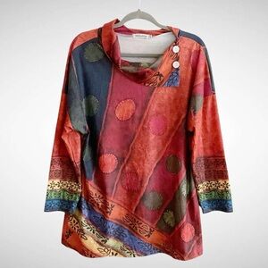 MissLook Abstract Button Collar Tuscan Long Sleeve Pullover